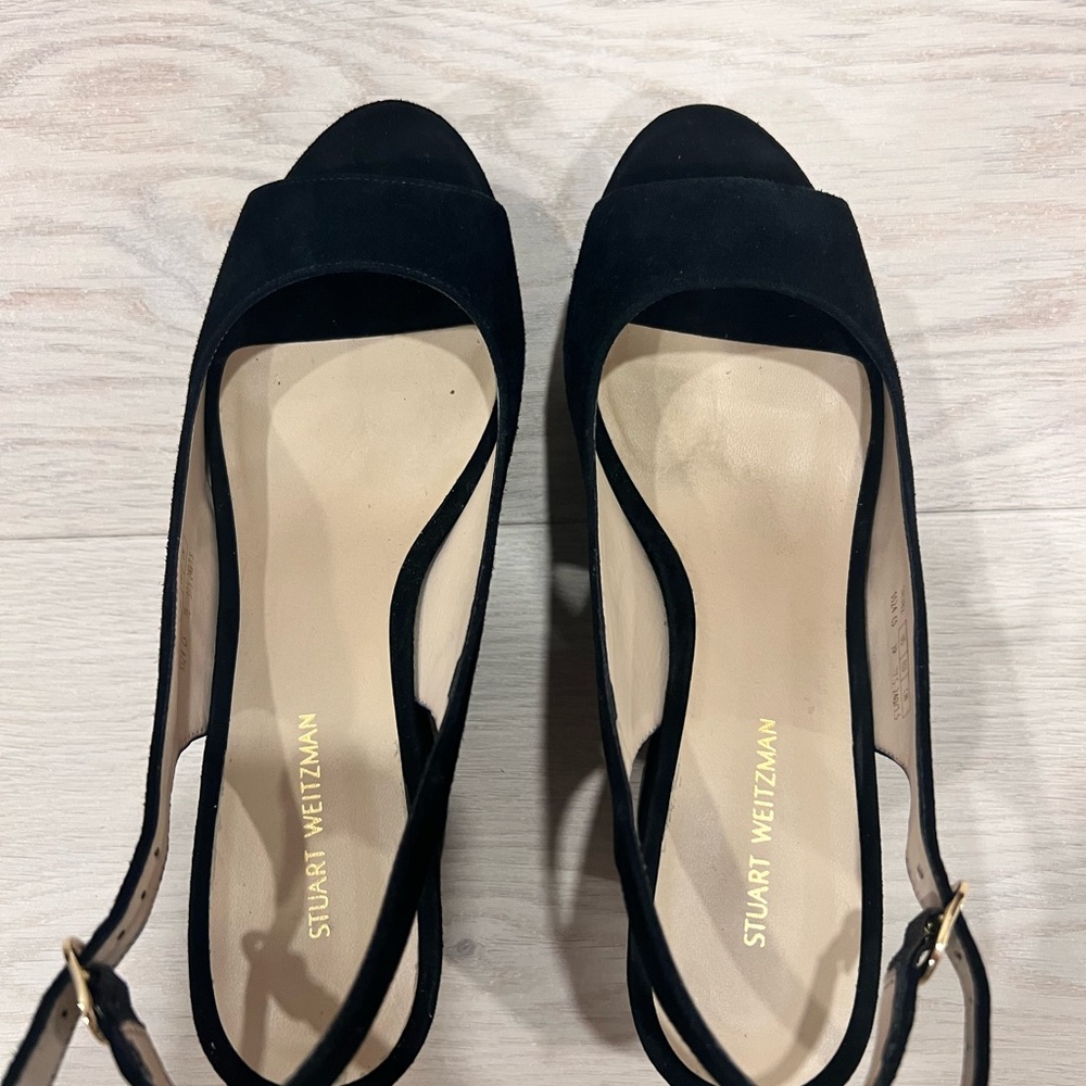 Stuart Weitzman Black Suede Slingback Wedges